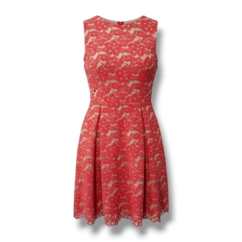 Soprano Women’s Red Orange Lace Overlay Lined Fit & Flare Dress Size Large